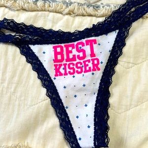 VS PINK extra low rise lace v-string. Navy and white. Size L